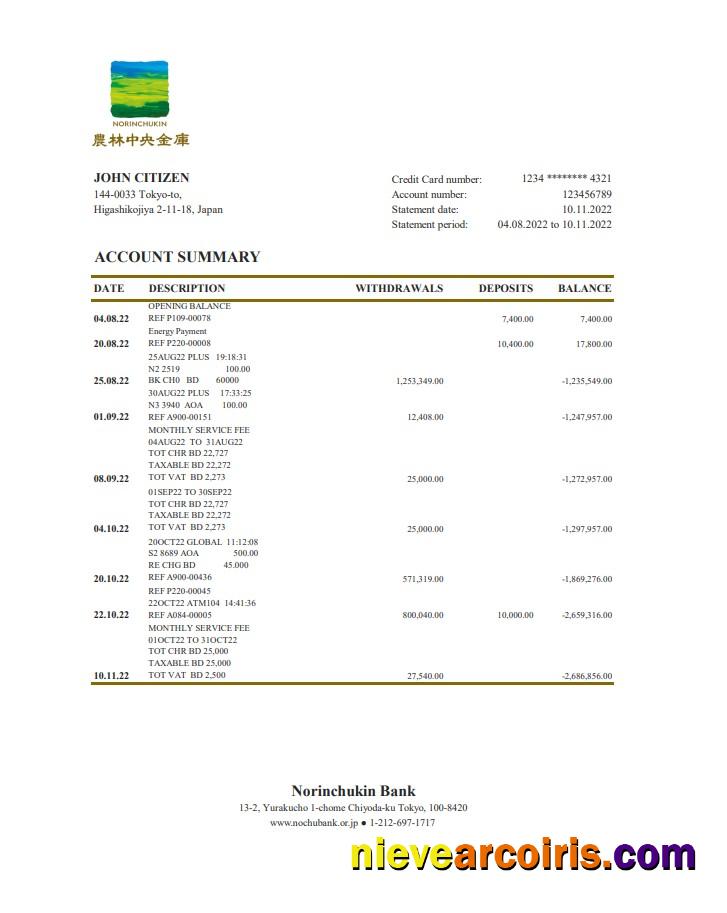 Japan Norinchukin Bank statement xls